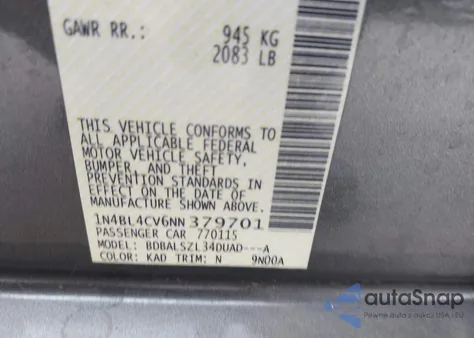 2022 Nissan Altima Sr Fwd from USA, damaged, VIN 1N4BL4CV6NN379701